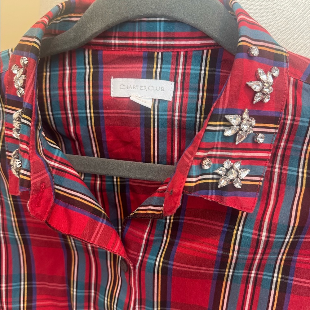 Charter Club Red Plaid Shirt with Embellishments